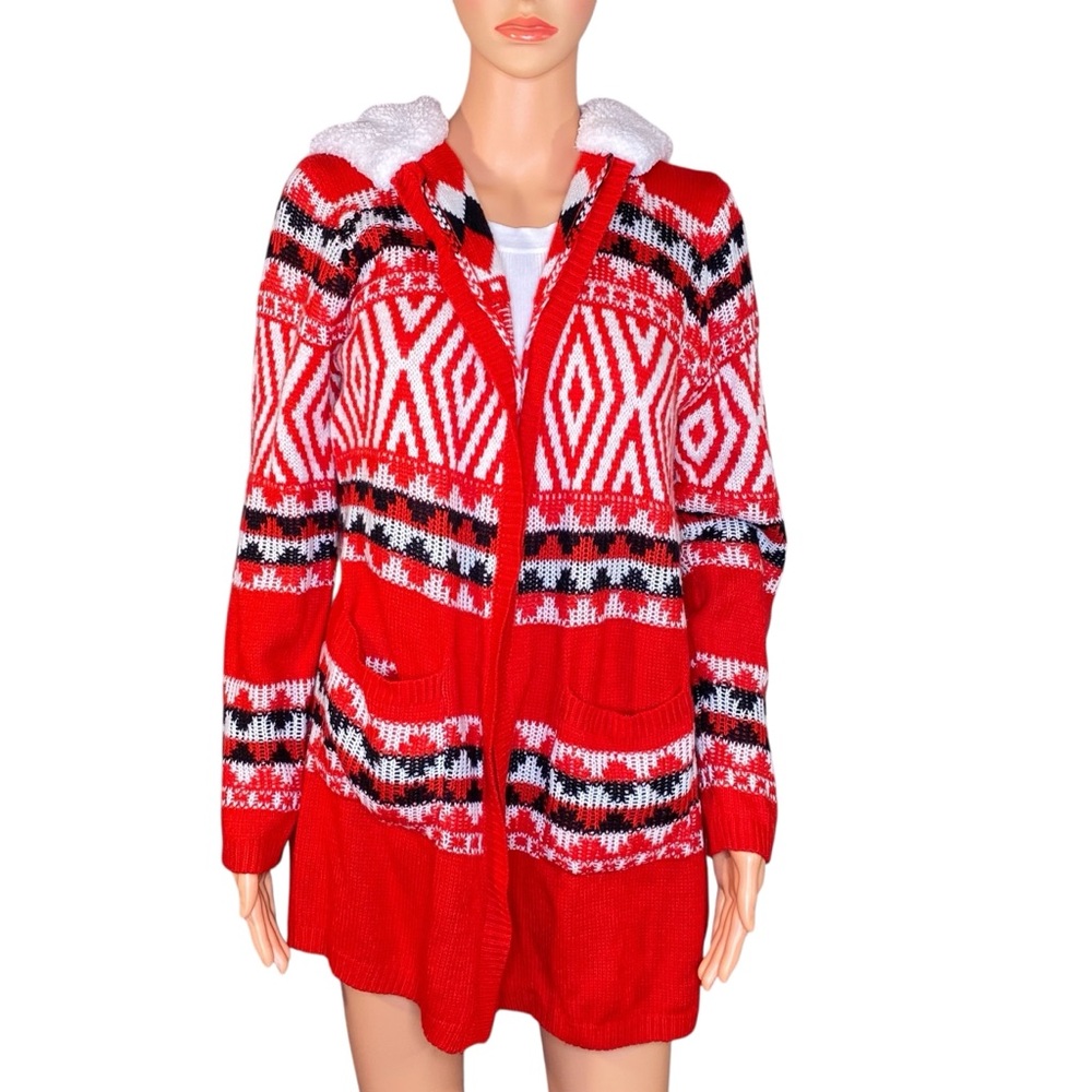 No Boundaries Red and White Knit Hoodie Sweater Wrap
